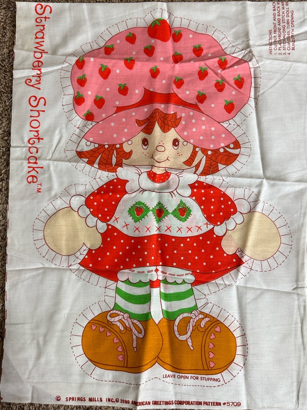Vintage Strawberry Shortcake sewing / craft panel for doll / pillow From 1980